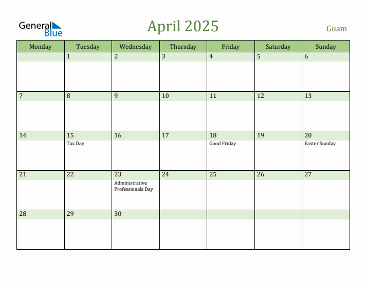 April 2025 Calendar with Guam Holidays