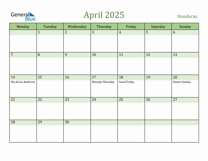 April 2025 Calendar with Honduras Holidays