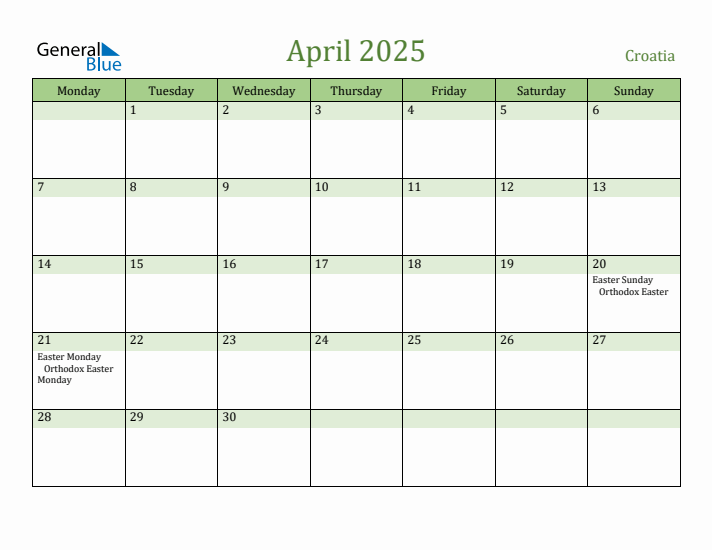 April 2025 Calendar with Croatia Holidays