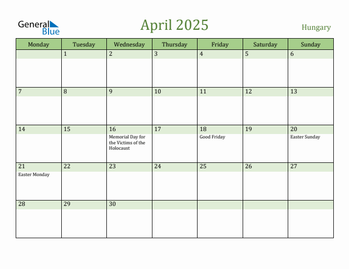 April 2025 Calendar with Hungary Holidays