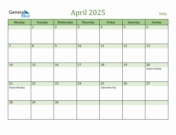 April 2025 Calendar with Italy Holidays