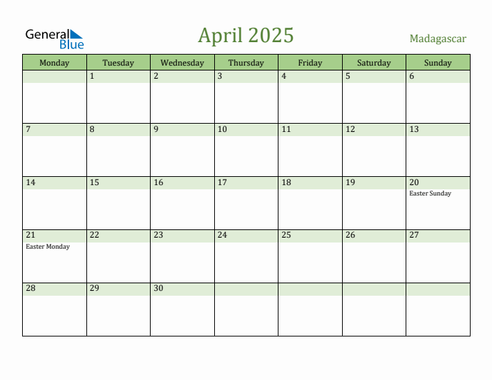 April 2025 Calendar with Madagascar Holidays