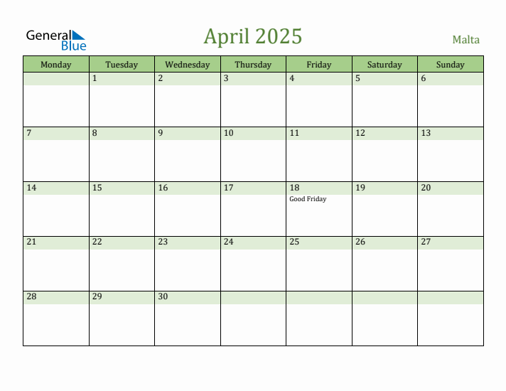 April 2025 Calendar with Malta Holidays