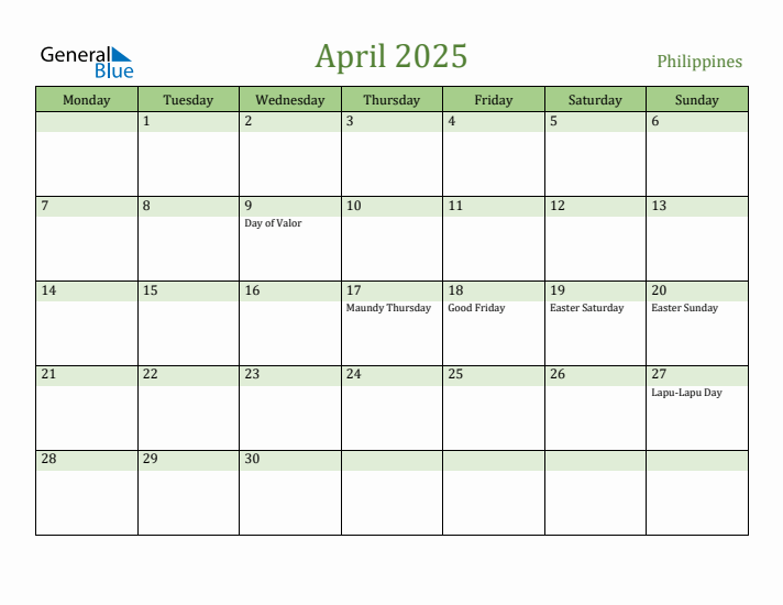 April 2025 Calendar with Philippines Holidays