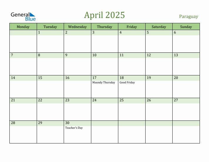 April 2025 Calendar with Paraguay Holidays