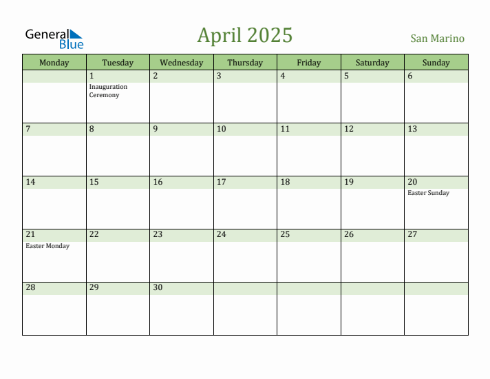 April 2025 Calendar with San Marino Holidays