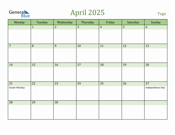 April 2025 Calendar with Togo Holidays