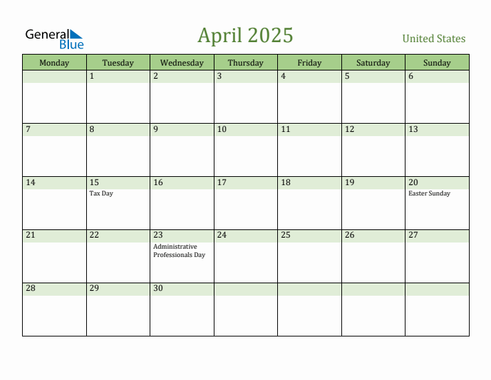 April 2025 Calendar with United States Holidays