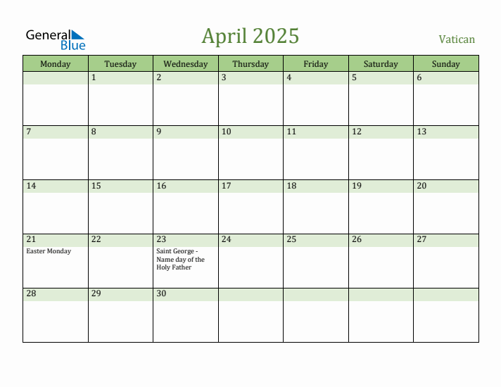 April 2025 Calendar with Vatican Holidays