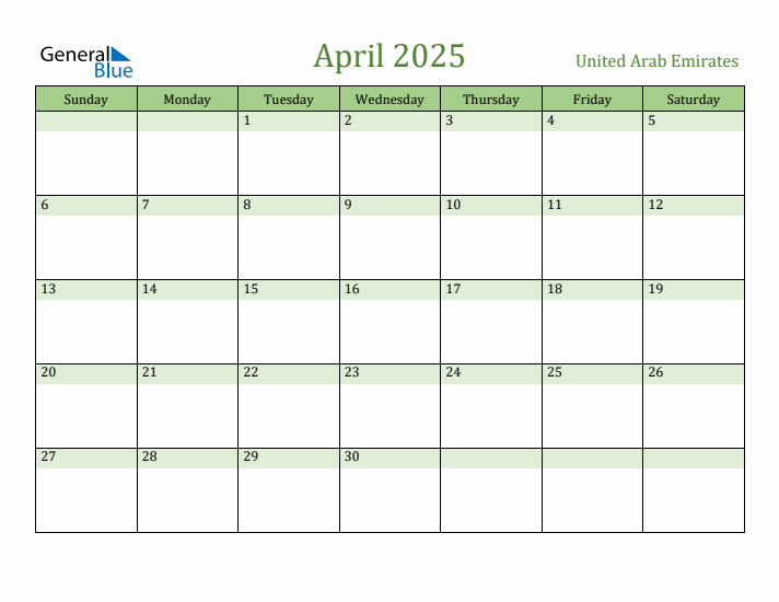 April 2025 Calendar with United Arab Emirates Holidays