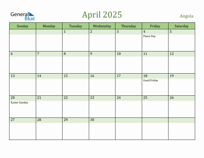 April 2025 Calendar with Angola Holidays