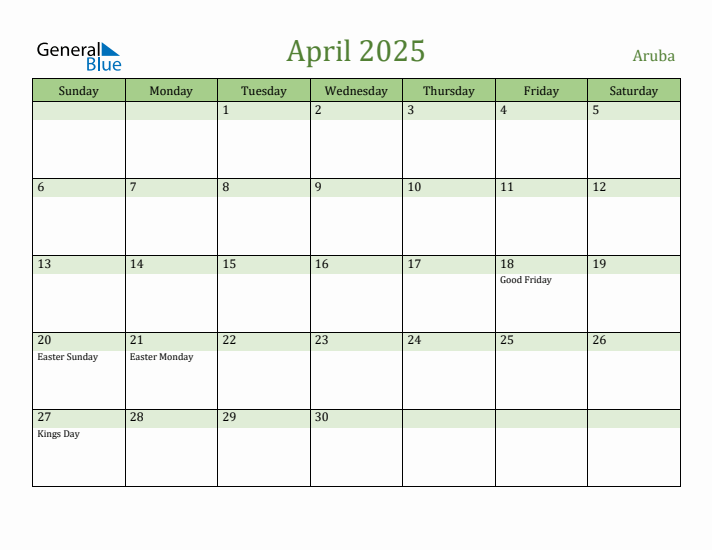 April 2025 Calendar with Aruba Holidays