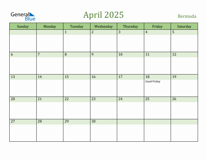 April 2025 Calendar with Bermuda Holidays