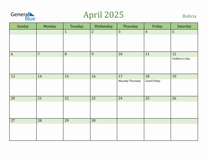 April 2025 Calendar with Bolivia Holidays