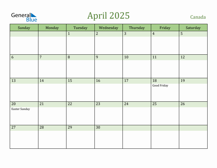 April 2025 Calendar with Canada Holidays