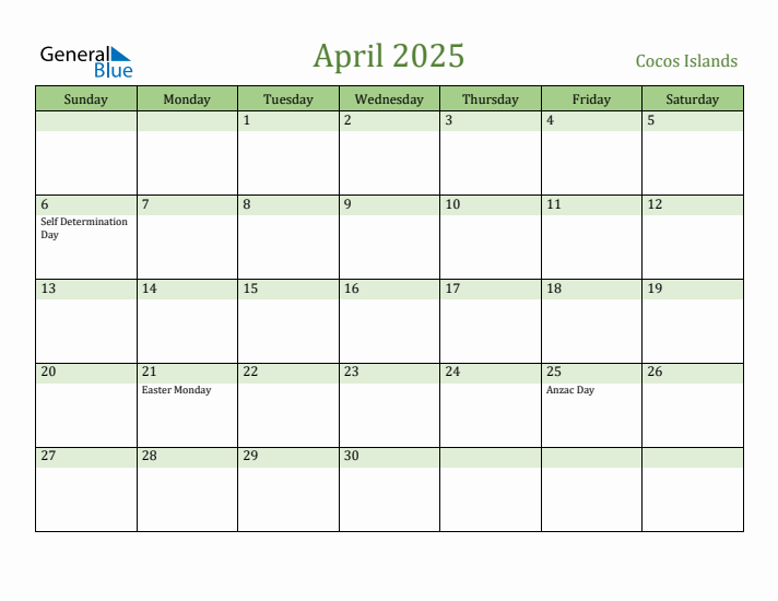 April 2025 Calendar with Cocos Islands Holidays