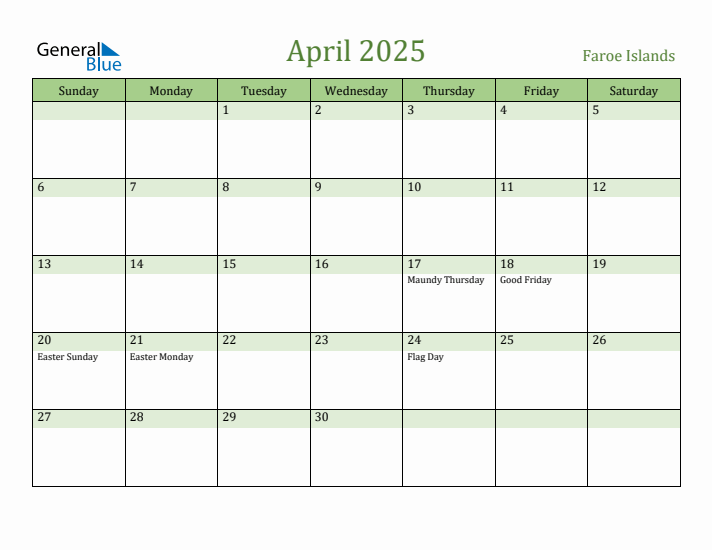 April 2025 Calendar with Faroe Islands Holidays