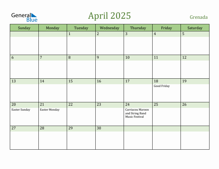 April 2025 Calendar with Grenada Holidays