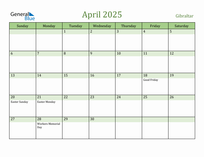 April 2025 Calendar with Gibraltar Holidays