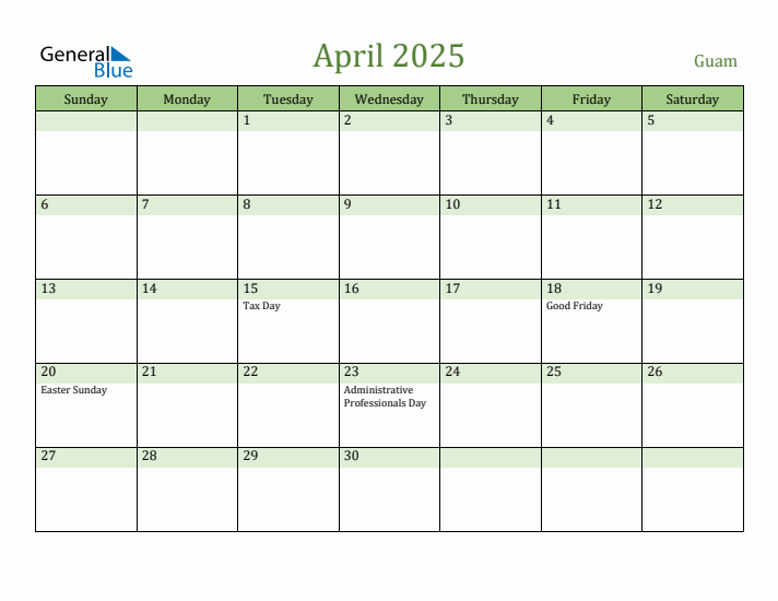 April 2025 Calendar with Guam Holidays