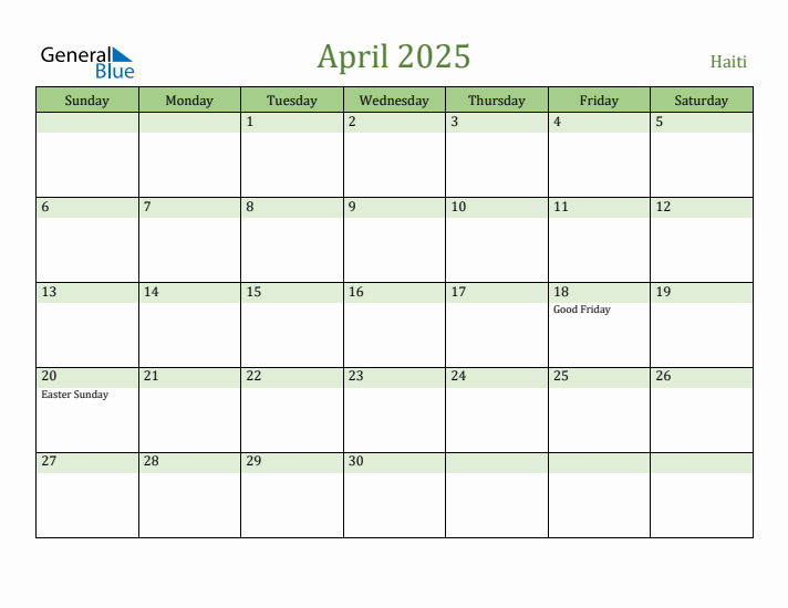 April 2025 Calendar with Haiti Holidays