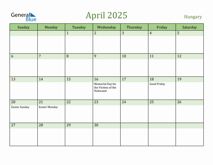 April 2025 Calendar with Hungary Holidays