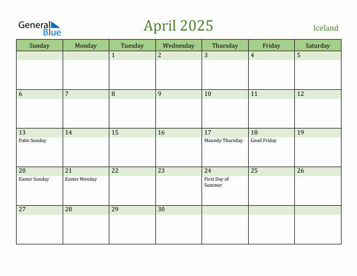 April 2025 Calendar with Iceland Holidays