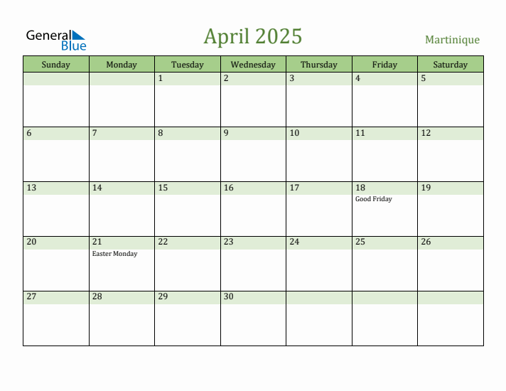 April 2025 Calendar with Martinique Holidays