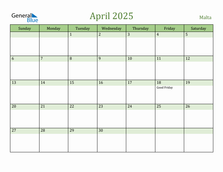 April 2025 Calendar with Malta Holidays