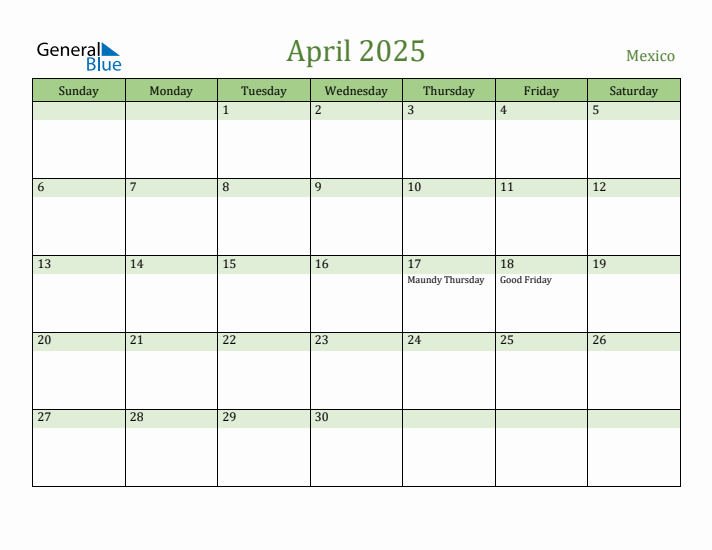 April 2025 Calendar with Mexico Holidays