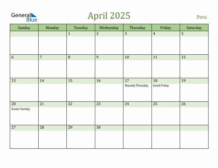 April 2025 Calendar with Peru Holidays