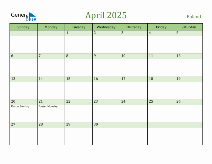 April 2025 Calendar with Poland Holidays