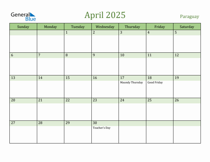 April 2025 Calendar with Paraguay Holidays