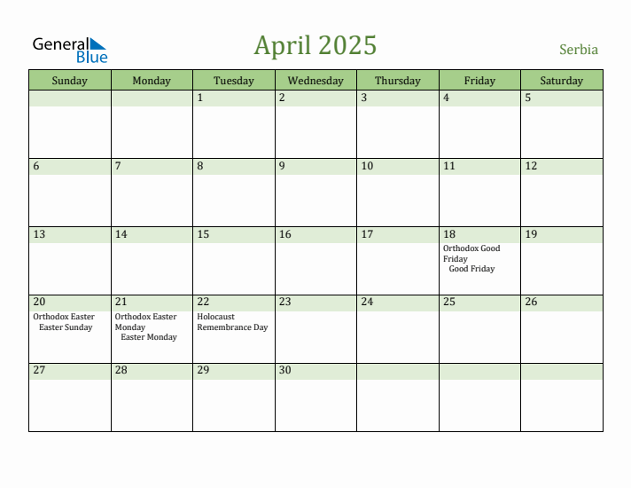 April 2025 Calendar with Serbia Holidays