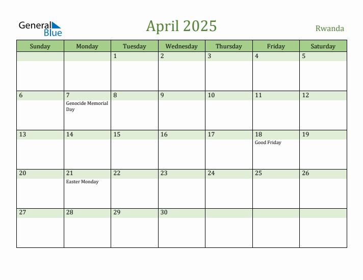 April 2025 Calendar with Rwanda Holidays