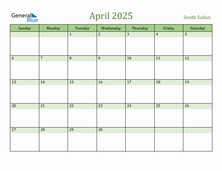 April 2025 Calendar with South Sudan Holidays