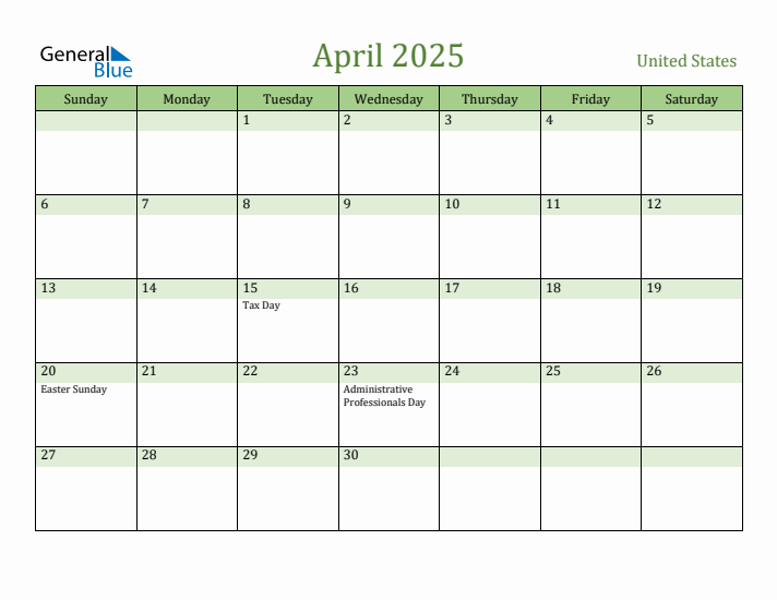 April 2025 Calendar with United States Holidays