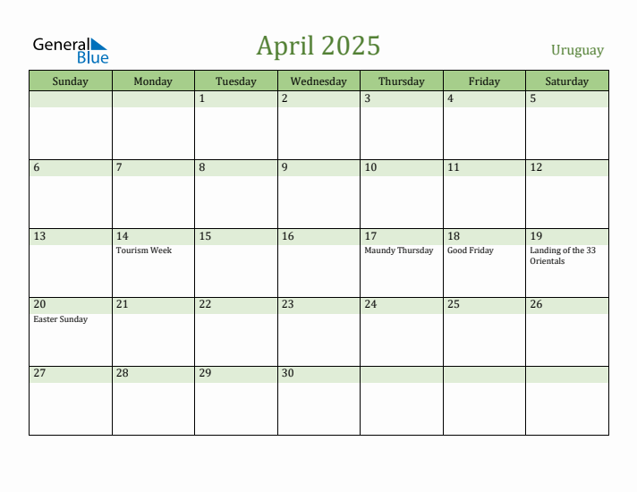 April 2025 Calendar with Uruguay Holidays