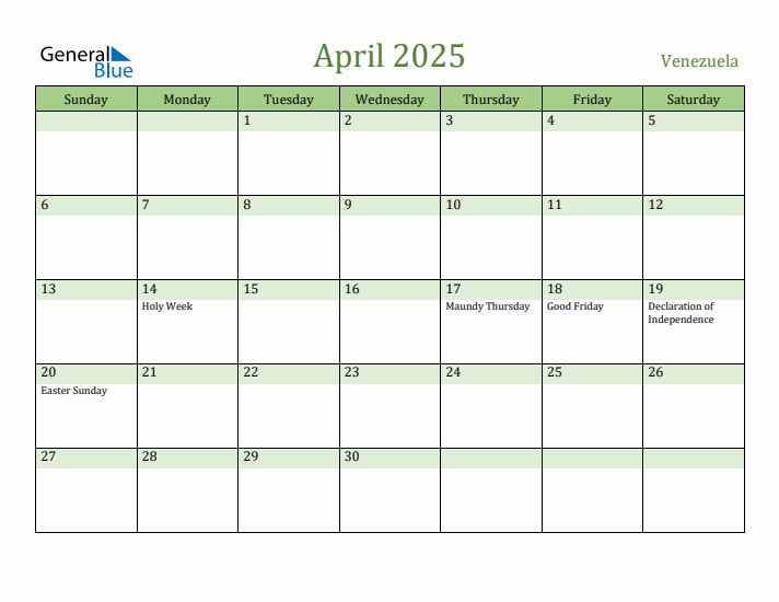 April 2025 Calendar with Venezuela Holidays