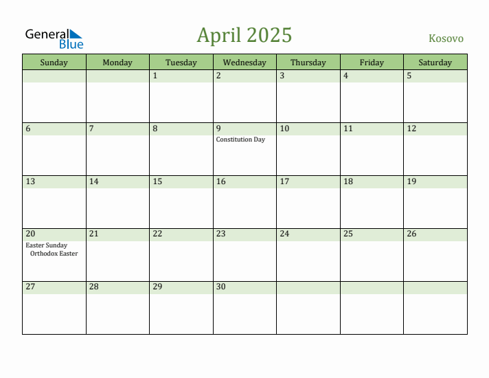 April 2025 Calendar with Kosovo Holidays