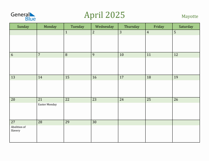 April 2025 Calendar with Mayotte Holidays