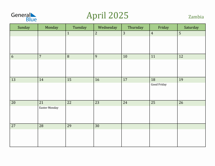 April 2025 Calendar with Zambia Holidays