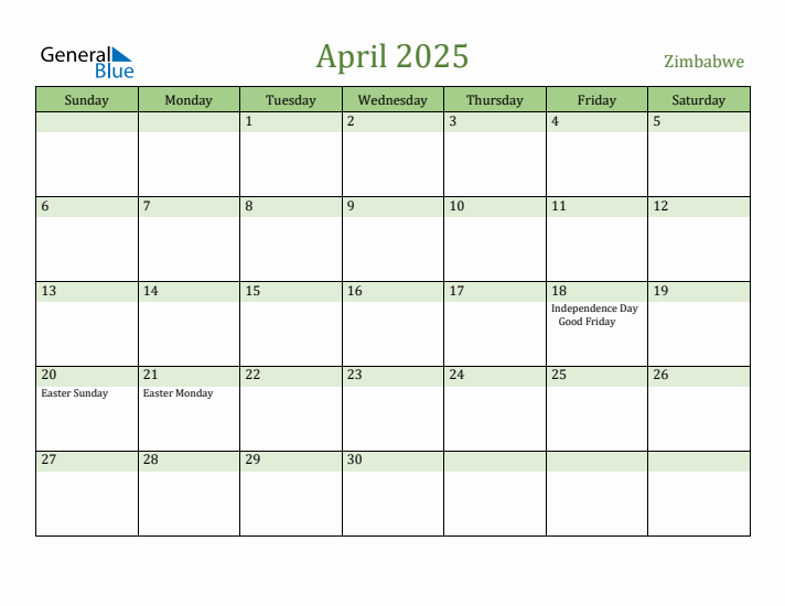 April 2025 Calendar with Zimbabwe Holidays