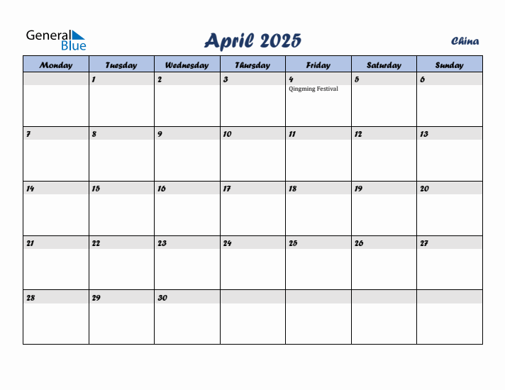 April 2025 Calendar with Holidays in China