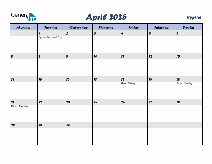 April 2025 Calendar with Holidays in Cyprus