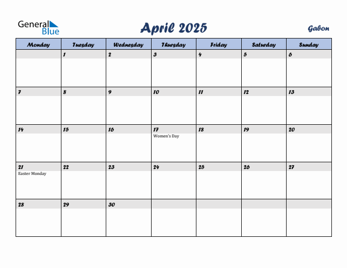 April 2025 Calendar with Holidays in Gabon