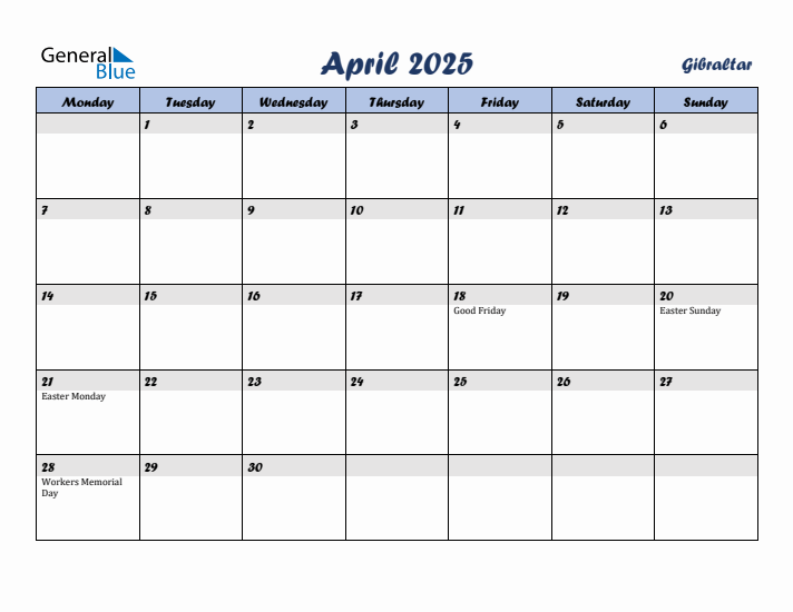 April 2025 Calendar with Holidays in Gibraltar