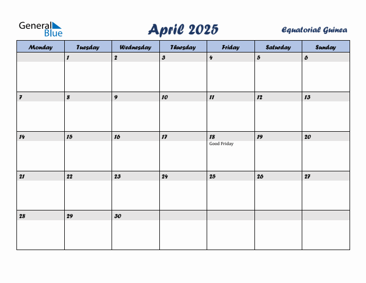 April 2025 Calendar with Holidays in Equatorial Guinea