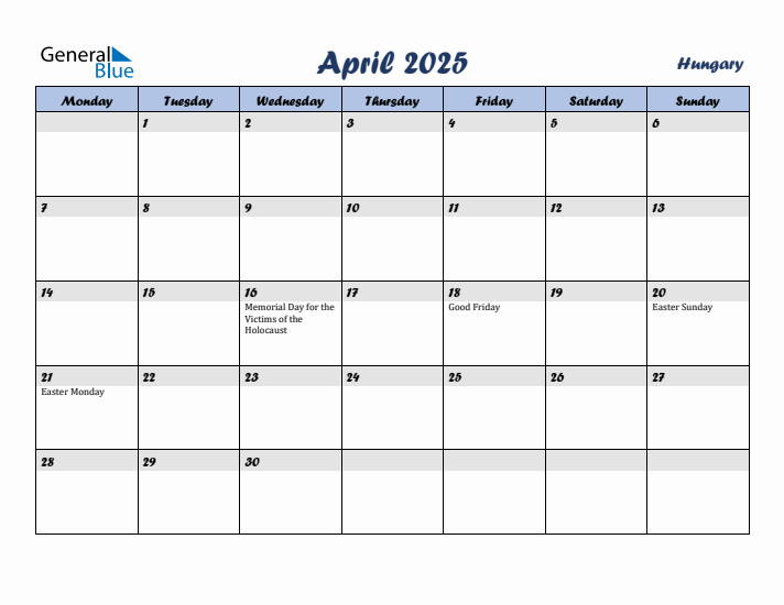 April 2025 Calendar with Holidays in Hungary