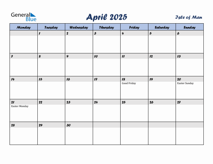 April 2025 Calendar with Holidays in Isle of Man